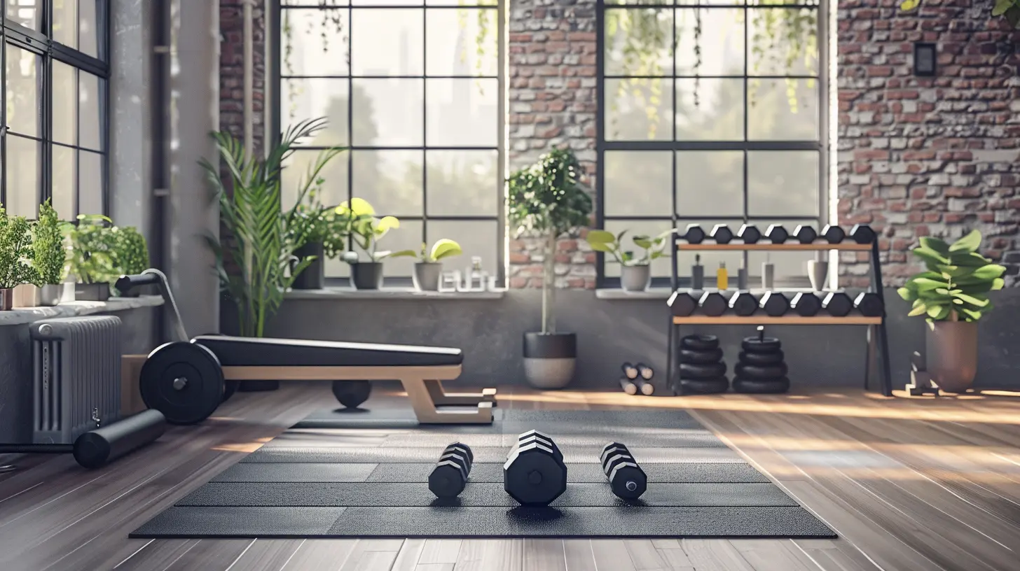 Modern home gym with treadmill and weights